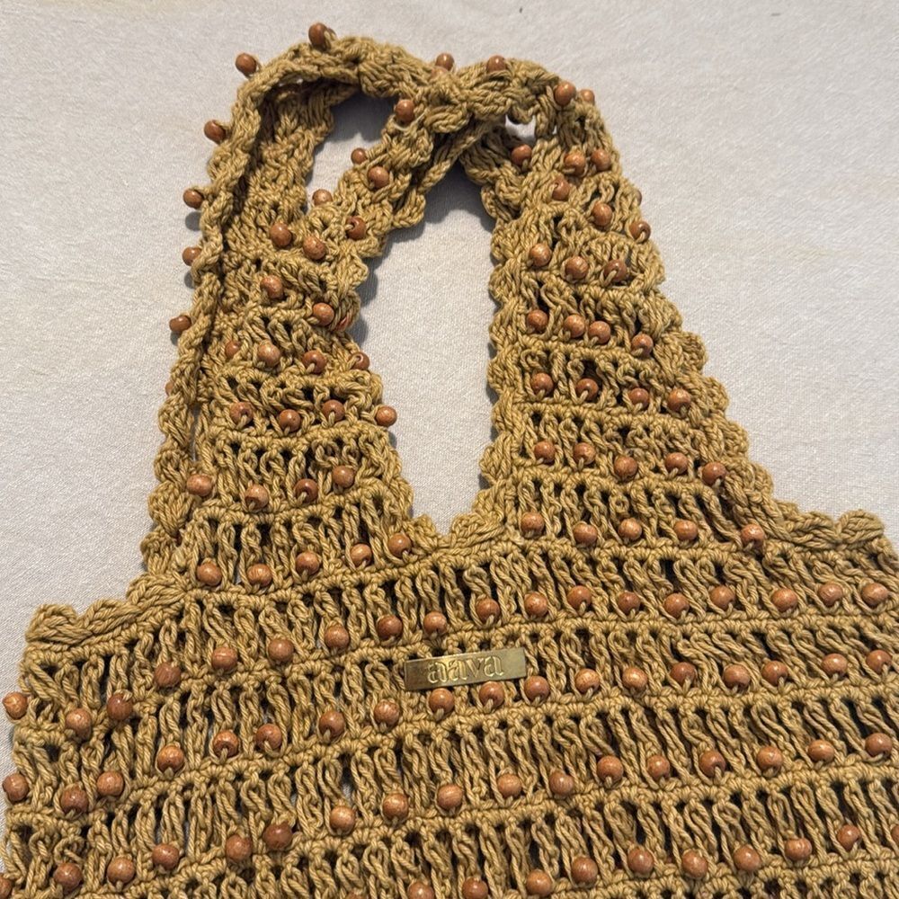 Aava Khaki Brown Beaded Open Knit Crochet Double Handle Market Beach Boho Tote - Picture 2 of 12